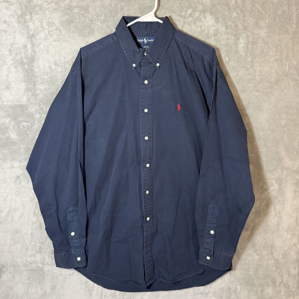 Vintage Ralph Lauren Blake Shirt Men Large Navy Blue Cotton Button Down Red Pony